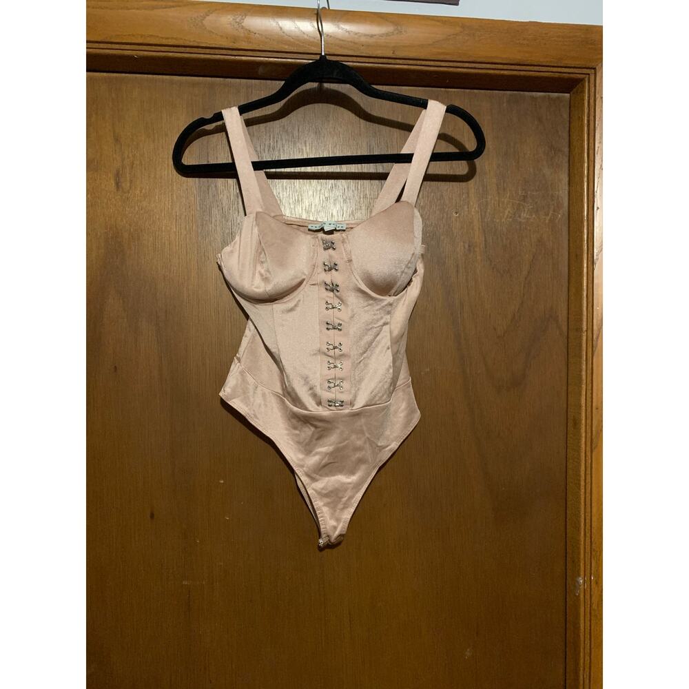 Haute Monde Corset Bodysuit Nude Satin Hook Eye Bustier Top Size L